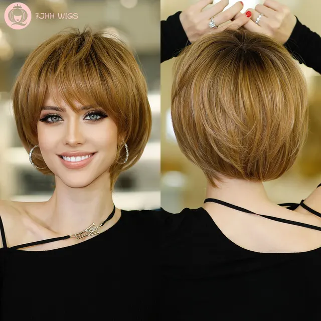 7JHH WIGS Short Straight Bob Wig Ombre Blonde Wig for Black Women Daily Natural Synthetic Hair Wig with Bangs Heat Resistant 1