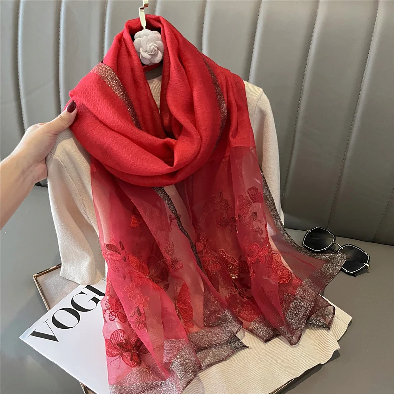 

Роскошная шелковая шерстяная шаль шарф для женщин дизайнерские хиджаб с вышивкой бабочкой шарфы женские головные уборы Fouloud 2022