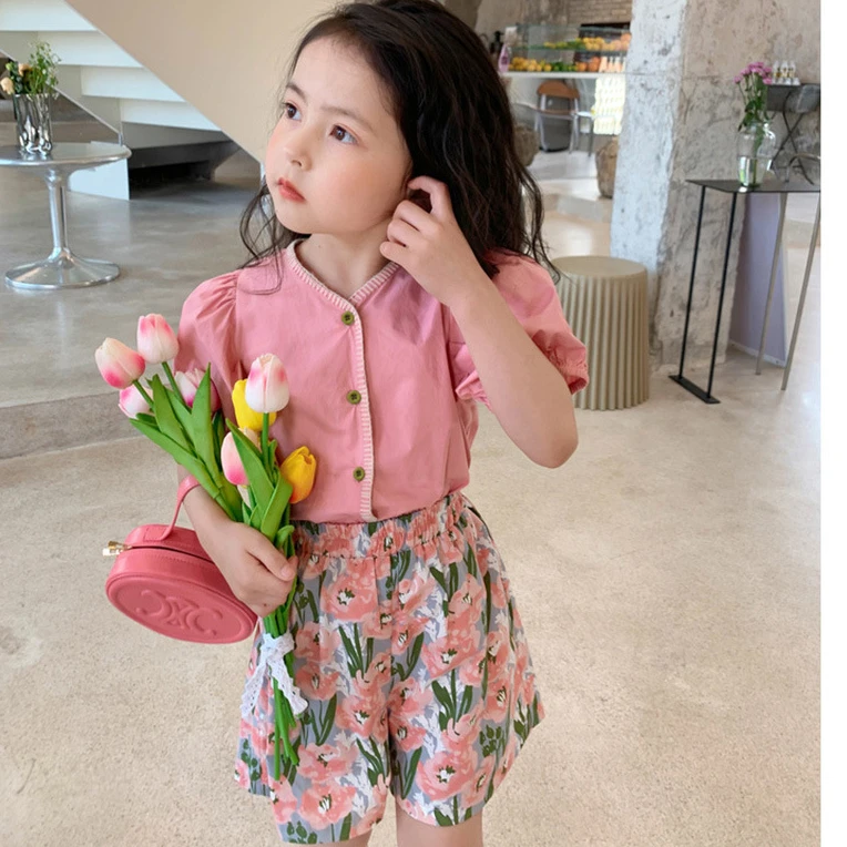 

Комплекты одежды для девочек, блузка с коротким рукавом и штаны с цветочным принтом, летний комплект детской одежды, Прямая поставка