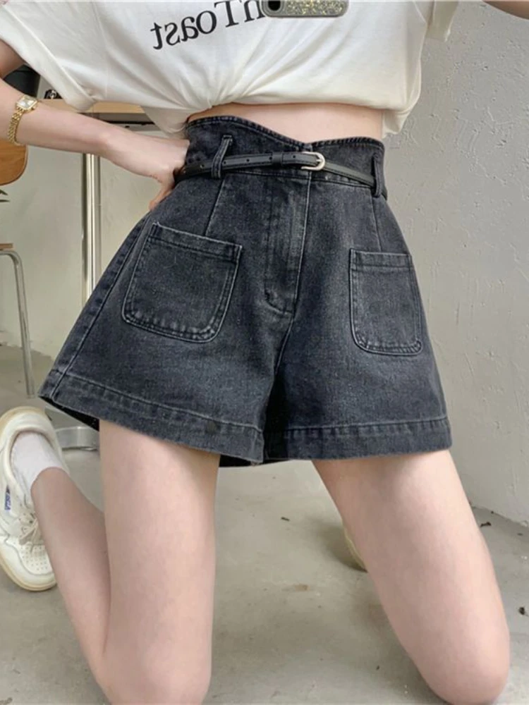 Deeptown Vintage Streetwear Blue Jean Shorts Women Korean Fashion High Waist Denim Short Pants Baggy Straight Wide Leg Trousers