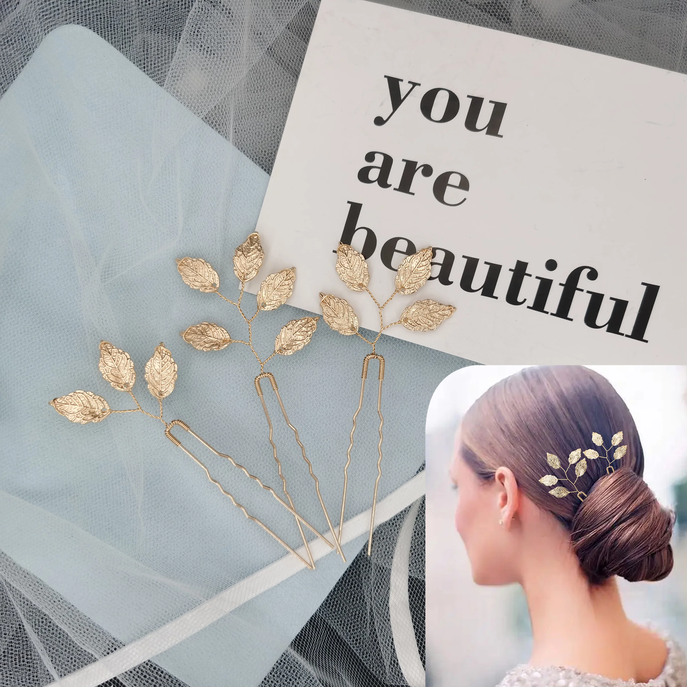 

Wedding U Shape Hair Pins For Women Hair Jewelry Accessories Hair Clips Gold Color Metal Leaves Hair Clip Pins Headpiece Gifts