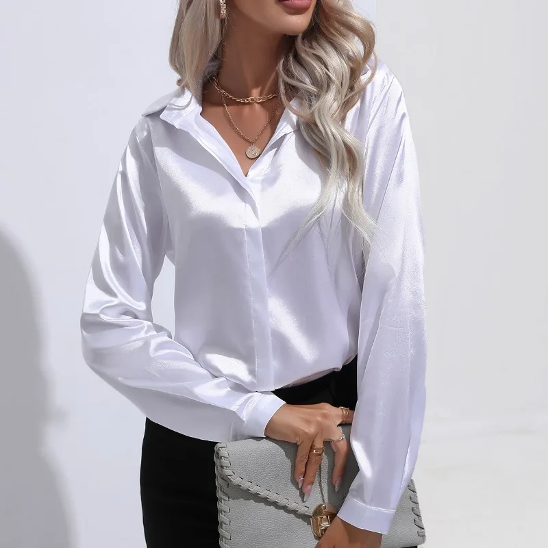 

Autumn New White Blouse Turn Down Collar Women Clothes Fashion Office Lady Satin Shirt Casual Solid Loose Silk Tops Blusas 28548