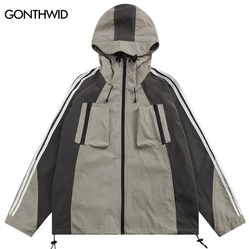 2022 Fashion Men Windbreaker Cargo Hooded Jackets Autumn Hiking Camping Waterproof Jacket Casual Color Block Patchwork Outdoor