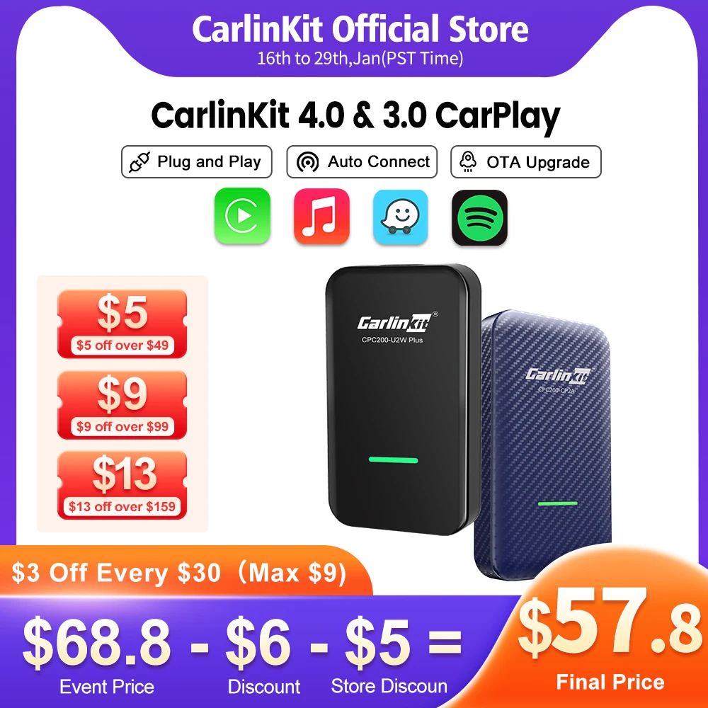 CarlinKit 4.0 3.0 Apple CarPlay Wireless Dongle Activator For Audi Proshe Benz VW Volvo Toyota IOS 16 Plug And Play MP4 MP5 Play