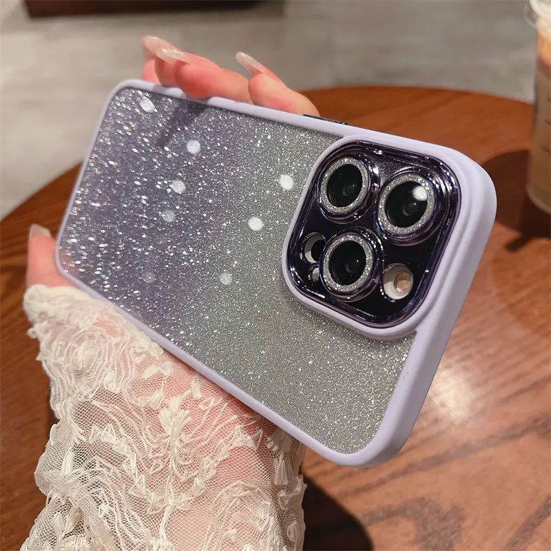 

Shockproof Gradient Glitter Phone Case For iPhone 14 Pro Max 13 12 11 Pro Max 14Plus Silicone Bumper Clear Lens Protection Cover