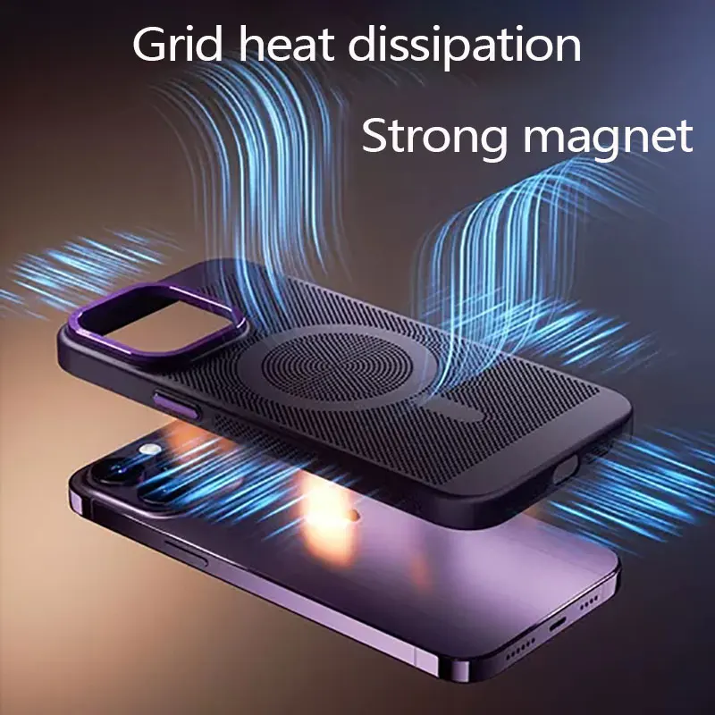 

Heat Dissipation Magsafe Magnetic Mesh Case for IPhone 14 Plus 13 12 11 Pro Max Metal Lens Breathable Grid Hard Protective Cover