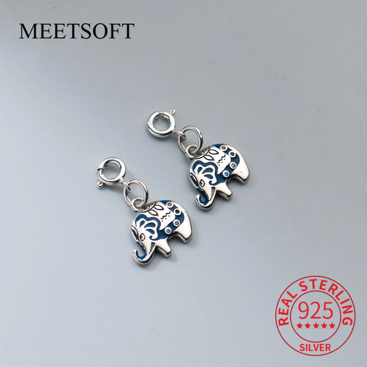 

MEETSOFT S925 Sterling Silver Distressed Enamel Elephant With Clasp Charms Of DIY Handmade Bracelet Necklace Accessory Wholesale