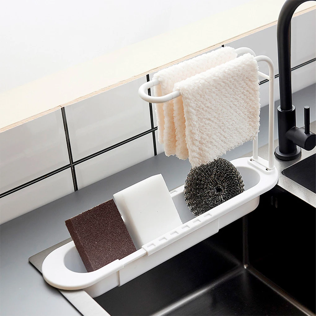 Towel Drain Rack Sponge Storage Holder Plastic Brush Drain Organizer Adjustable Kitchen Sink Towel Shelf Organizer