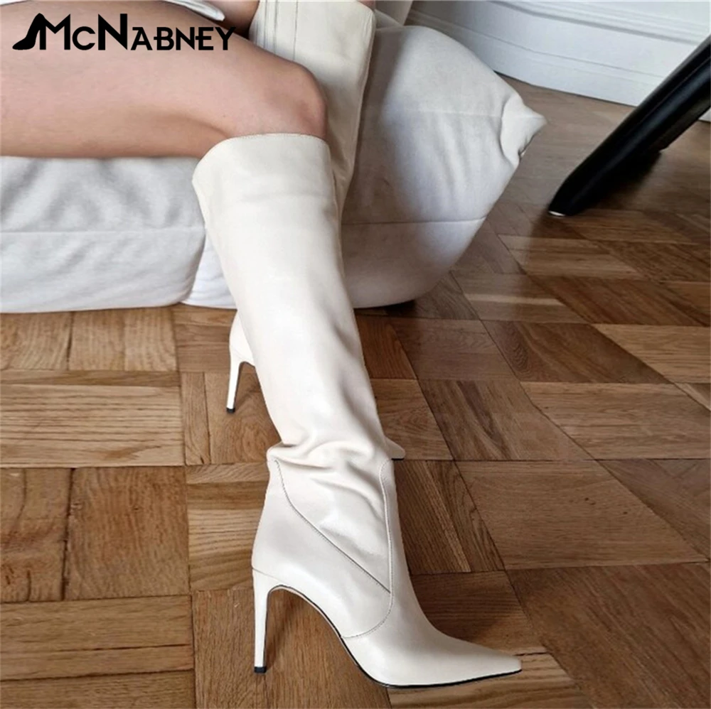 Белые матовые кожаные сапоги с внутренней молнией для женщин классические