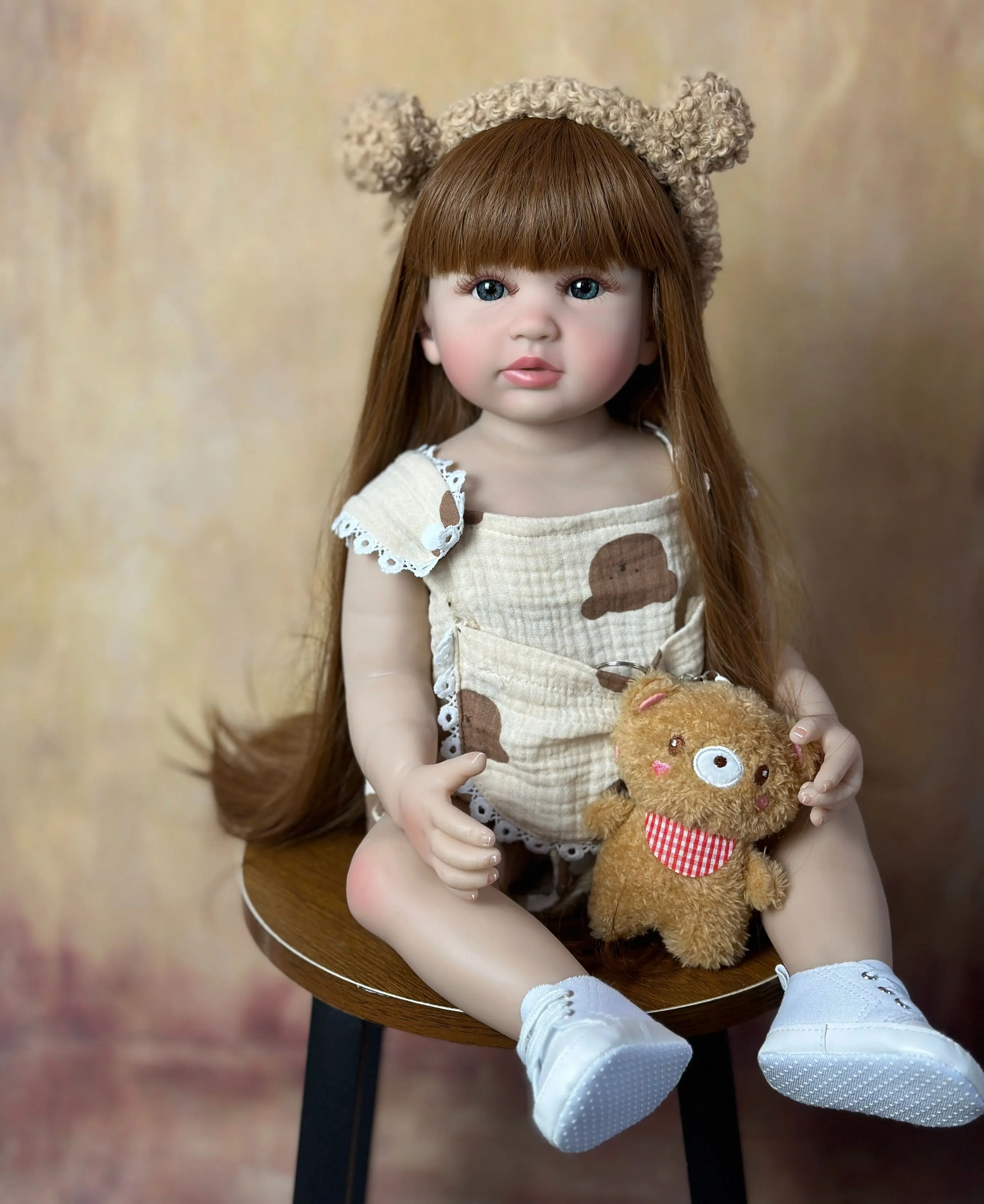 Realistic Lifelike 55 CM 22 Inch Reborn Baby Girl Doll Toy Full Silicone Body Brown Long Hair Princess Toddler Bebe