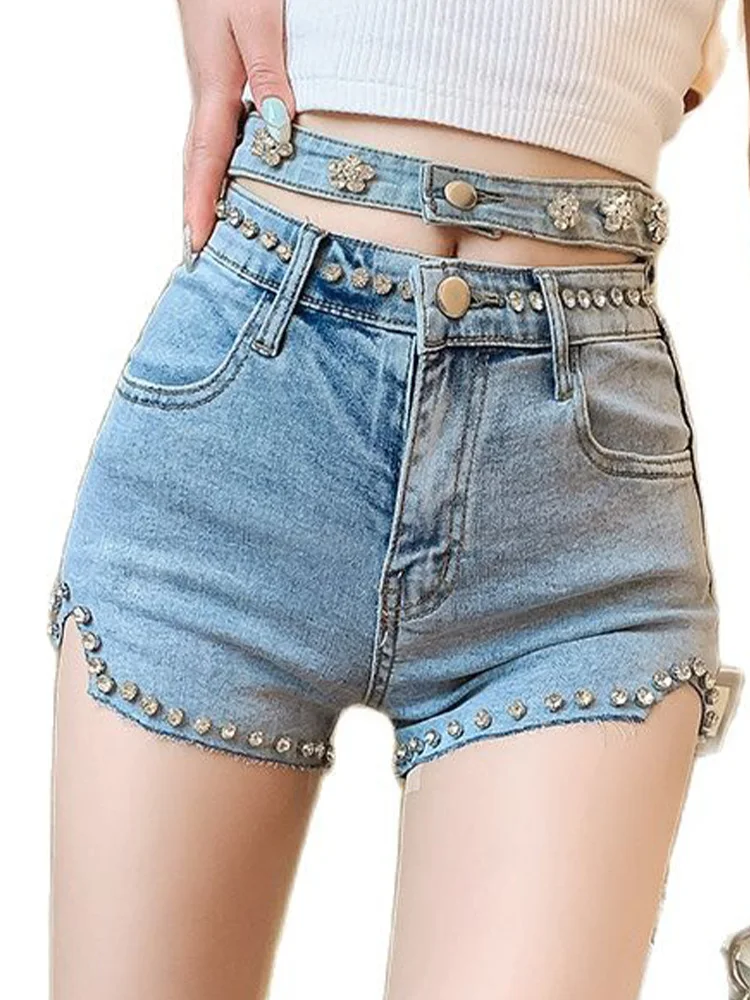 

Korean Style Waist Beads Hollow Women's Denim Shorts Chic Elastic Slim Sexy Hot Pants 2022 Summer Fashion Women Clothing