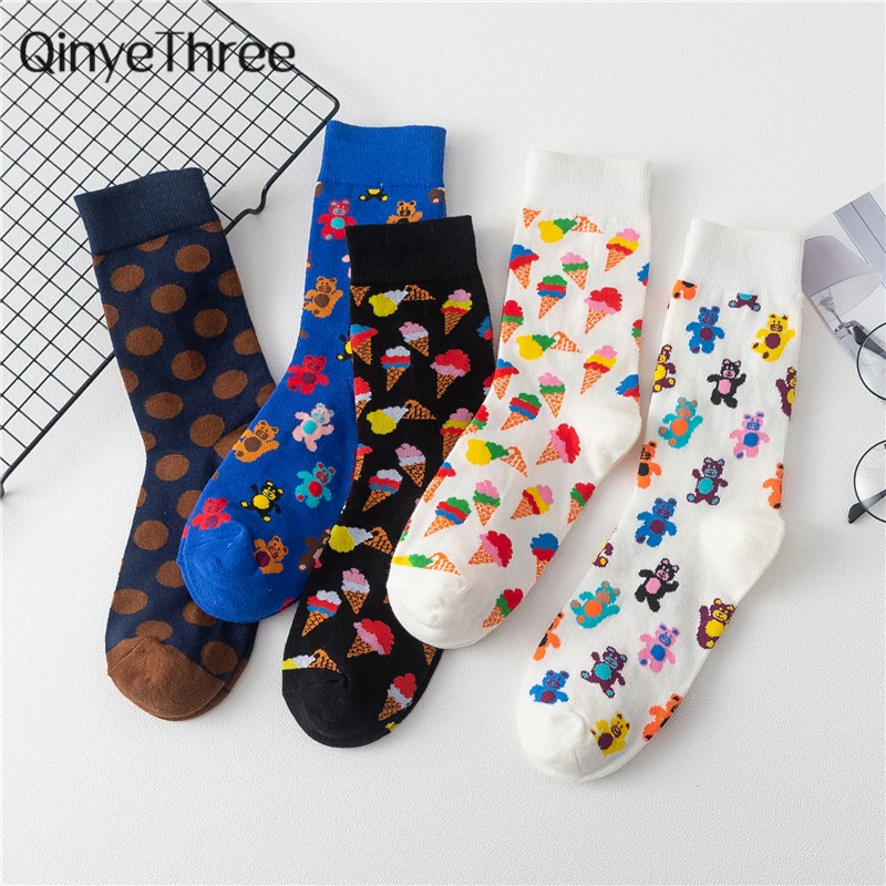 

New Funny Cartoon Happy Dancing Bear Socks Cute Ice Cream Harakuju Dots Mid Tube Sokken Hipster Dropship