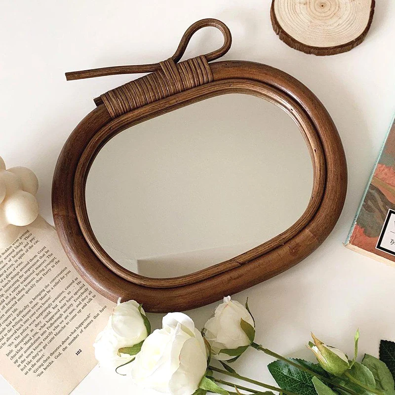 

Round Vintage Wall Mirror Rattan Makeup Bedroom Dressing Table Mirror Handle Espejo Maquillaje Luz Wall Mirrors For Living Room
