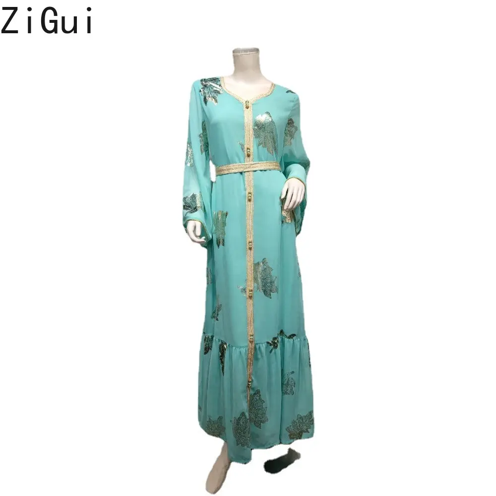 Zigui Elegant Dresses For Women Green Chiffon Gold Belted Floral Bronzing Print Dress Women Elegant Luxury Turkey