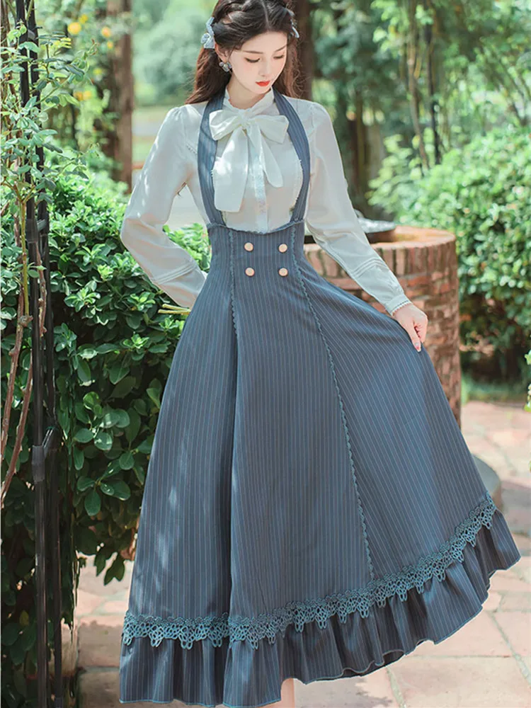

England Style Woman Outfits Modern Vintage Chic Design Embroidery White Shirt Tops Blue Stripe Skirt Elegant Lady 2 Piece Sets
