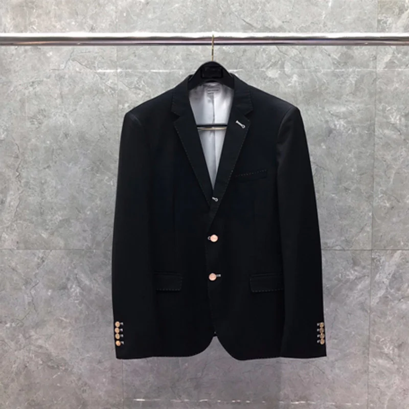 

Autunm THOM Male Winter Man Jacket Fashion Brand Blazer Classic Notched Solid Formal Coat Gold Buttons Black TB Suit