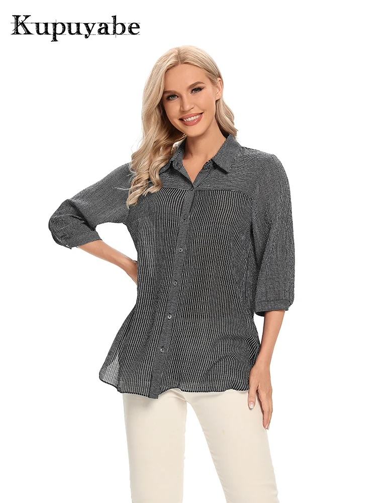 

KUPUYABE Women's Shirt Button Polyester Stripe 3/4 Sleeve Lapel Spring Casual Loose Fashion Top