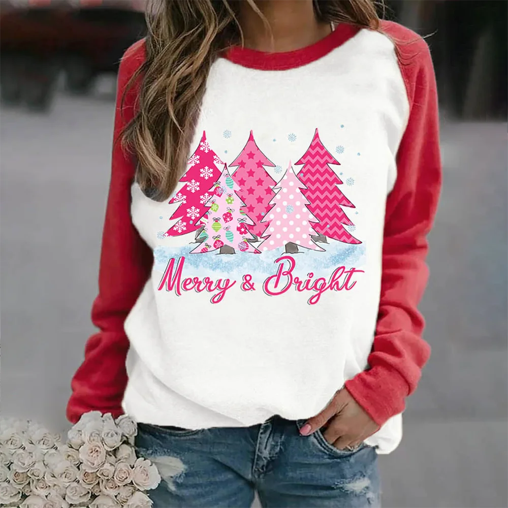 

Custom Women‘s Merry And Bright Pink Christmas Tree Print Casual Sweatshirt Personalized Can Custom Pattern Or Text You Want
