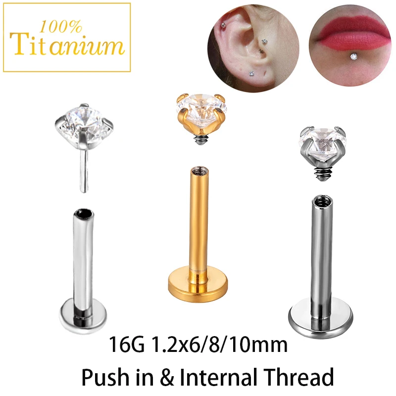 

Gold Lip Piercing Labret Studs F136 Titanium 16G Internal Thread/Push in Ear Nails Zircon Earrings For Women Conch Helix Pierced