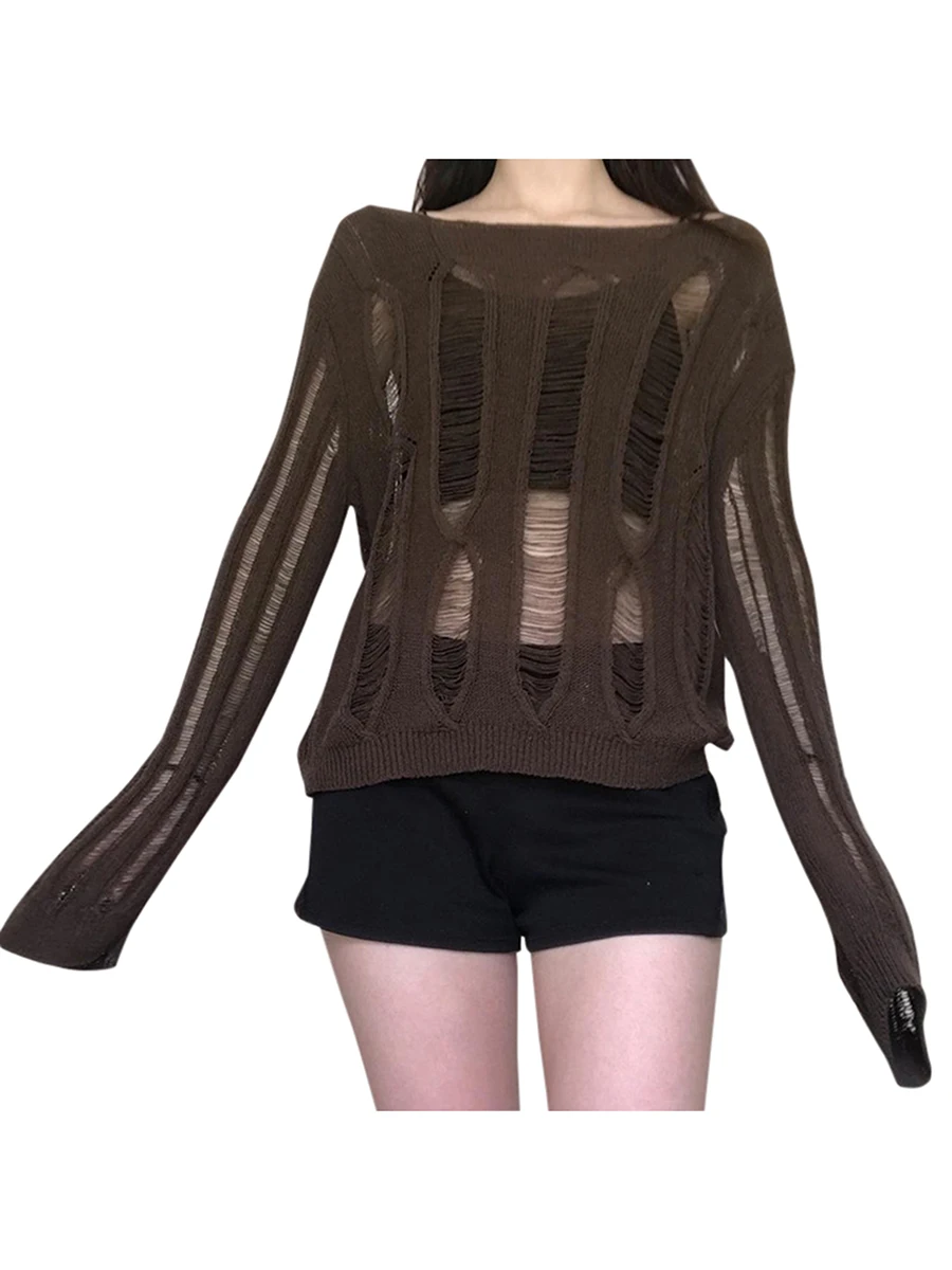 

Women Hollow Out See Through Crochet Knit Crop Top Long Sleeve Crew Neck Aesthetic Sweater Pullover Streetwear