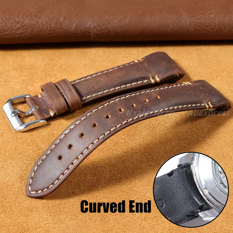 Высококачественный ремешок для часов из воловьей кожи с изогнутым концом 20 мм 22