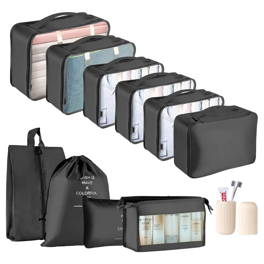 

Набор кубиков для путешествий, 11 предметов, складной органайзер для чемодана, легкая сумка для хранения багажа, черный цвет