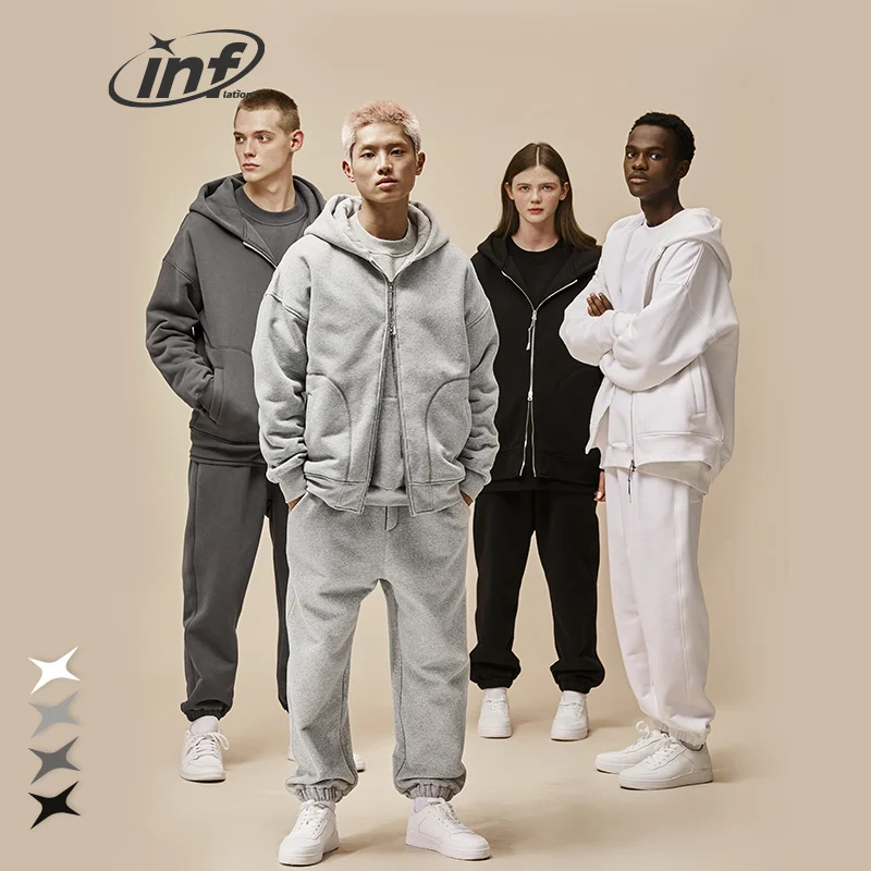 

Plain Zip Up Hoodie and Jogger Set Men Winter Thick Tracksuit Unisex Two Pieces Set