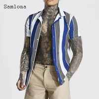 men fashion tops open stitch model shirt 2022 short sleeve patchwork stripe blouse latest summer casual shirt sexy mens clothing