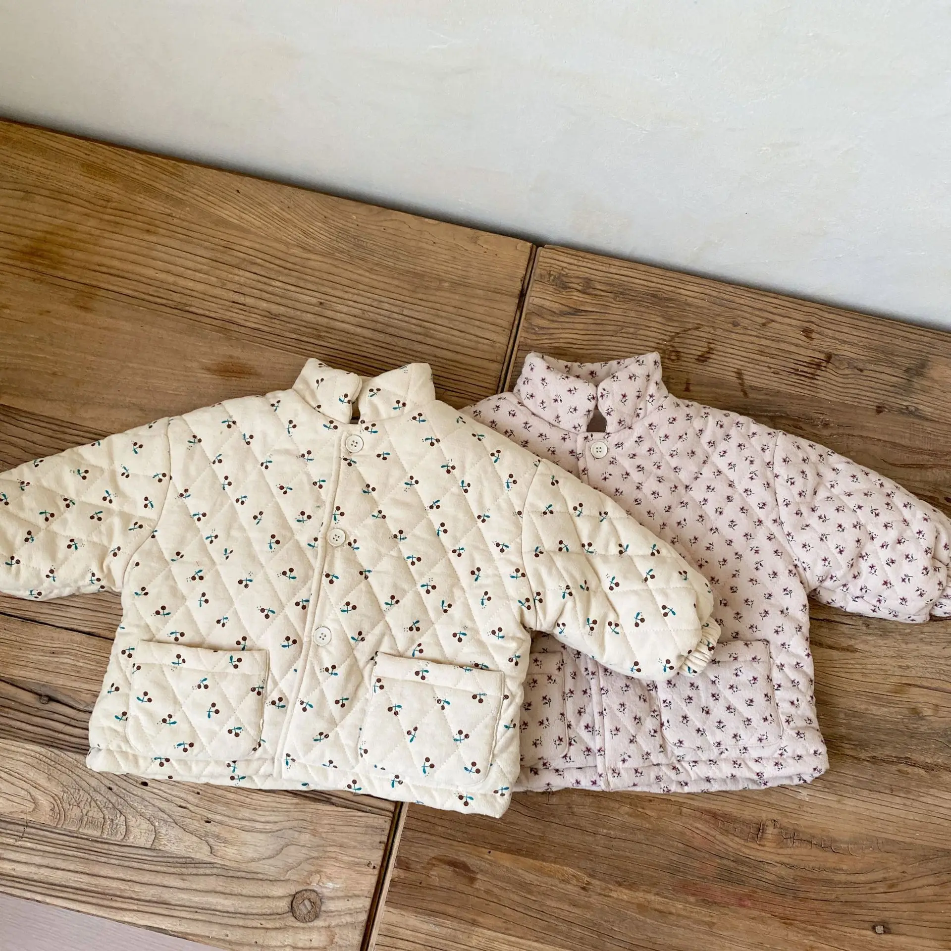 

2022 Autumn Winter New Children Plus Fleece Thicken Flower Print Cotton Coat Girl Boy Baby Casual Pocket Long Sleeve Jacket Tops
