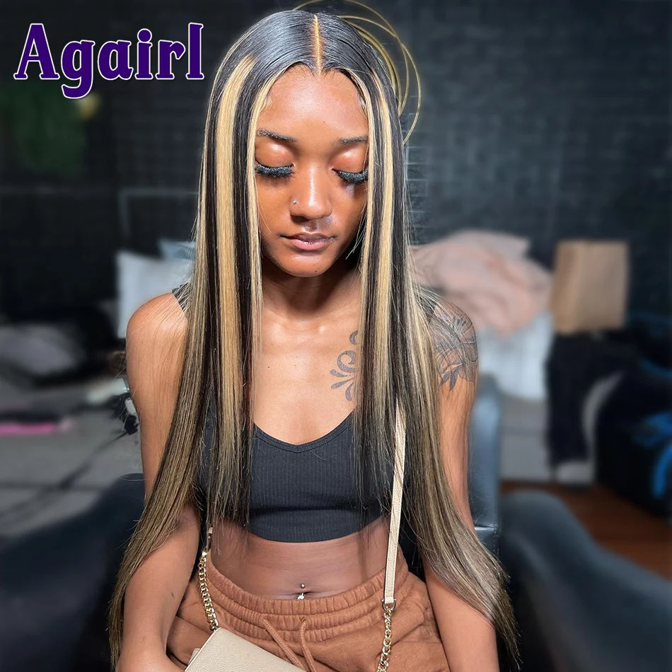 

200% Density 13x6 13x4 Lace Frontal Human Hair Wigs Blonde Black Highlights 5x5 Straight Lace Closure Wigs with Natural Hairline