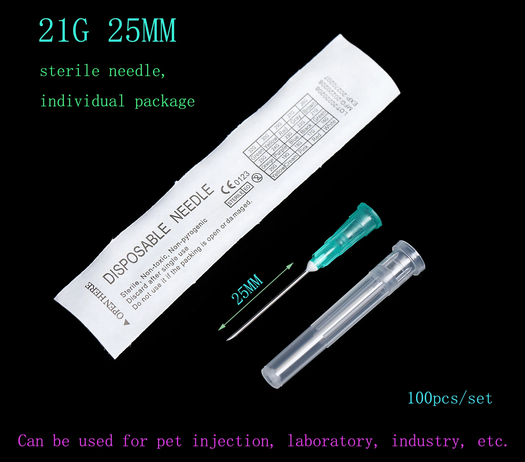 21g Needle 100pcs 25MM Steel Sharp Pointed Needles Disposable Needle Sterile Individually Packaged