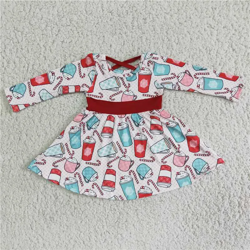 

New Fashion Style Spring Fall Christmas Mug Print Skirt Boutique Wholesale Kids Long Sleeve Dress Girl's Clothing