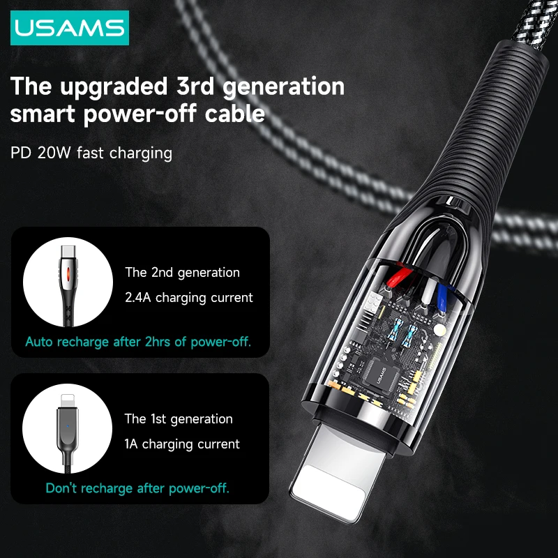 USAMS Raydan PD 20W Smart Power Off Cable Fast Charge Data Cable Lightning Cable For iPhone 14 13 12 11 X Xr Xs 8 7 6 Plus