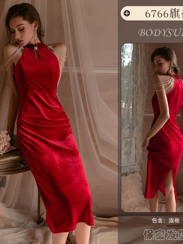 Женское бархатное платье-Ципао с высоким воротником и открытой спиной