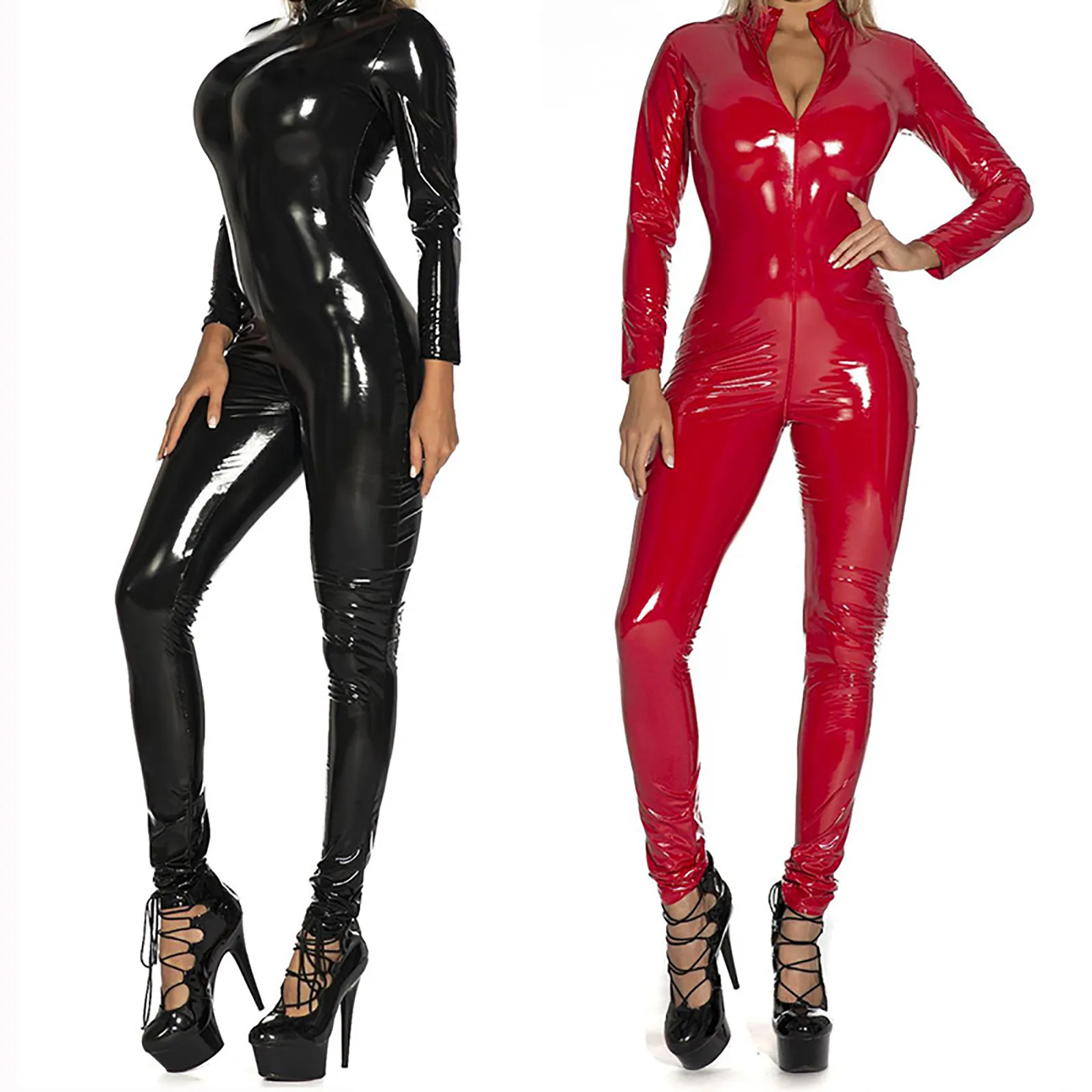 

Womens Patent Leather Plaid Bodysuit Club Show Costume High Neck Long Sleeve Zipper Catsuit Skinny Jumpsuit Female Rave Clubwear