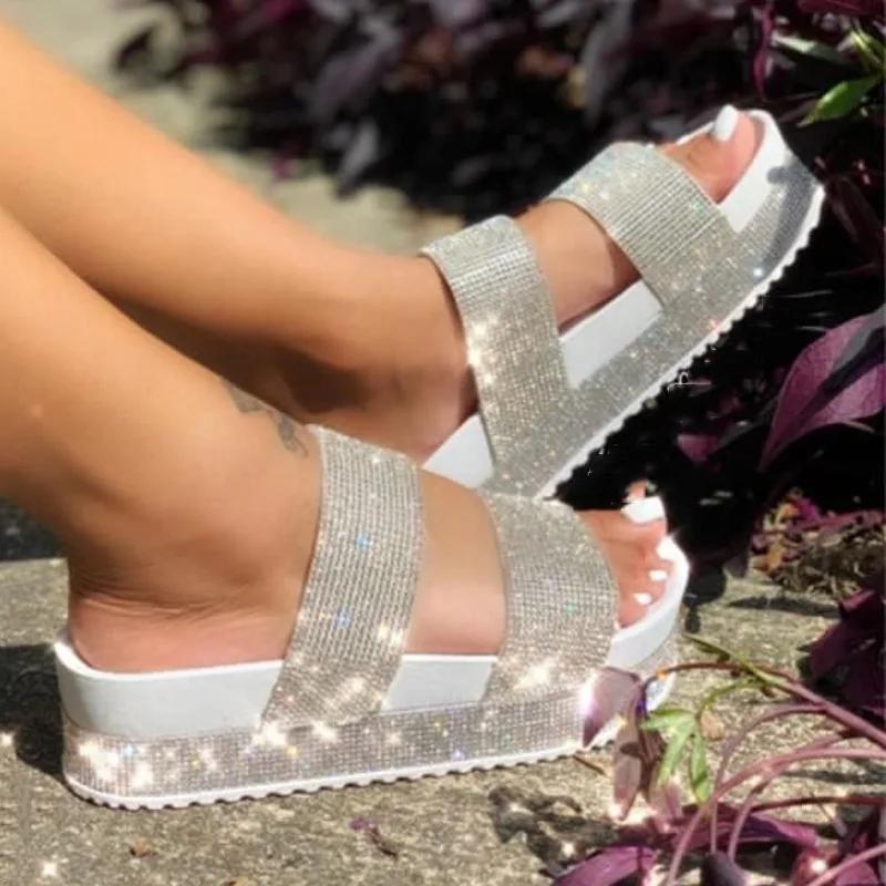 

Luxury Trend Women Rhinestone Sandals Platform Wedge Mid Heel Thick Sole Outdoor Shiny Crystal Sexy Ladies Female 2021 Summer