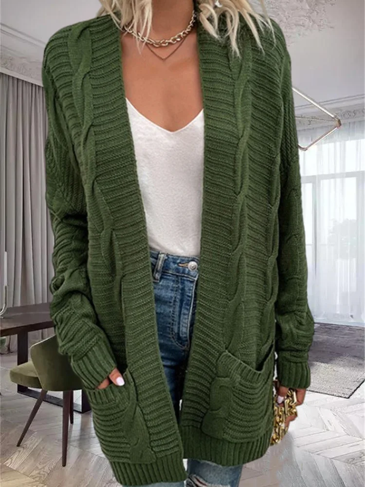 

Women Loose Twist Knot Pocket Long Cardigan Sweater Coats Casual V Neck Long Sleeve Solid Knitwear Cardigans