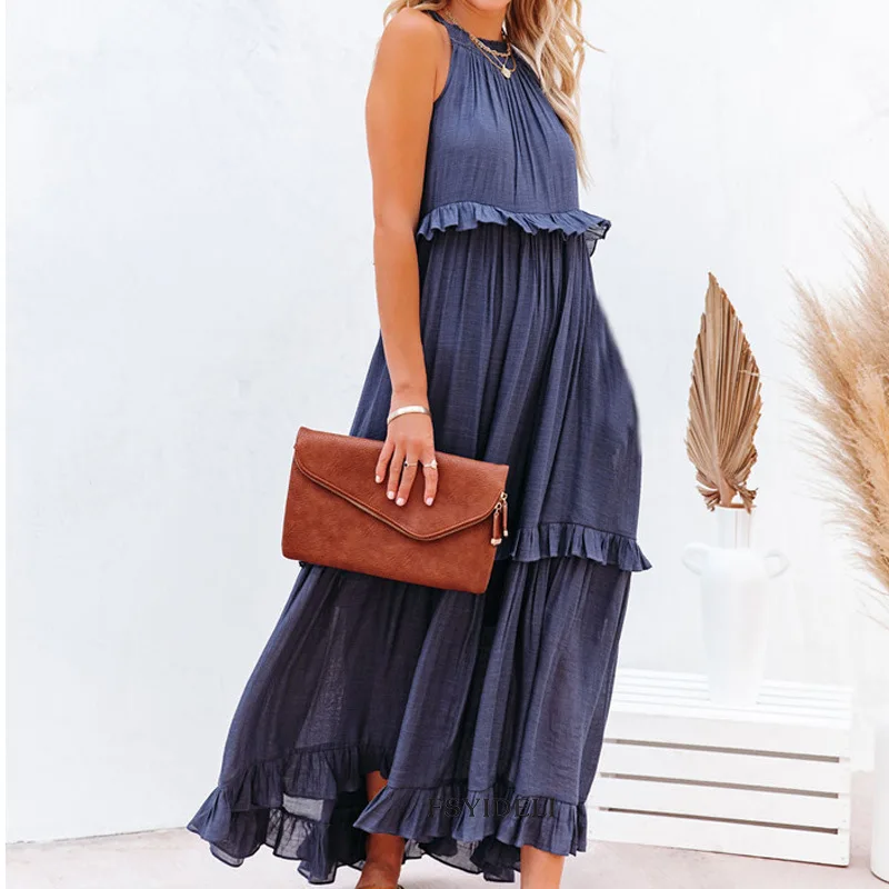

Women Solid Ruffle Long Dress Summer Oversize Pullover Hollow Tie-Up Maxi Dresses Ladies Elegant Sleeveless Beach Dress Vestidos
