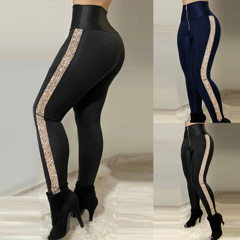 

Women Workout Fitness Leggings Fashion Side Sequins Zipper Design High Waist Skinny Pants High Street Leggins Jeggings