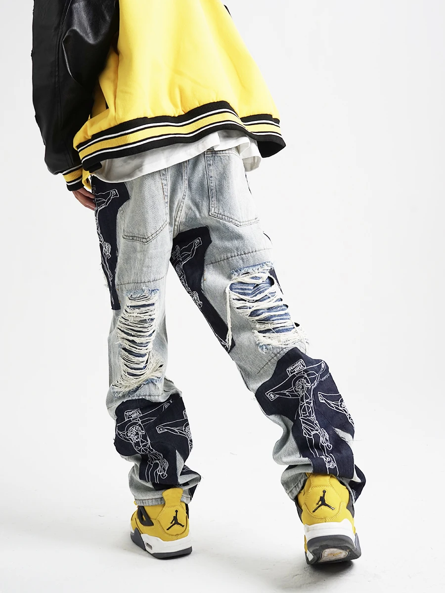European and American High Street Hole Embroidery Loose Straight Jeans Men and Women Hip-hop Stitching Long Pants Denim Men's
