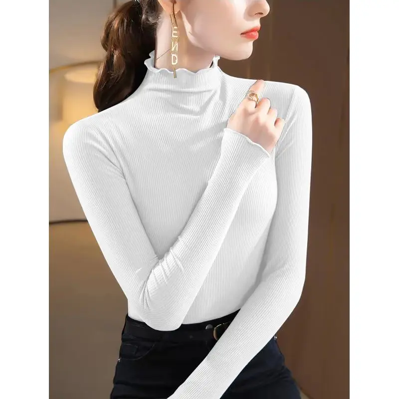 

2023 Women Autumn Winter New Half High Collar Bottoming Shirt Female Slim Solid Color Blouse Ladies Long Sleeve Casual Tops G438