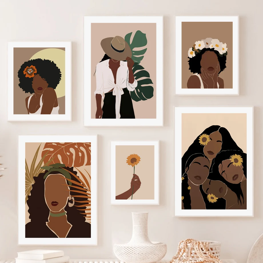 

Black Girl Boho Sunflower Monstera Flower Wall Art Canvas Painting Nordic Posters And Prints Wall Pictures For Living Room Decor