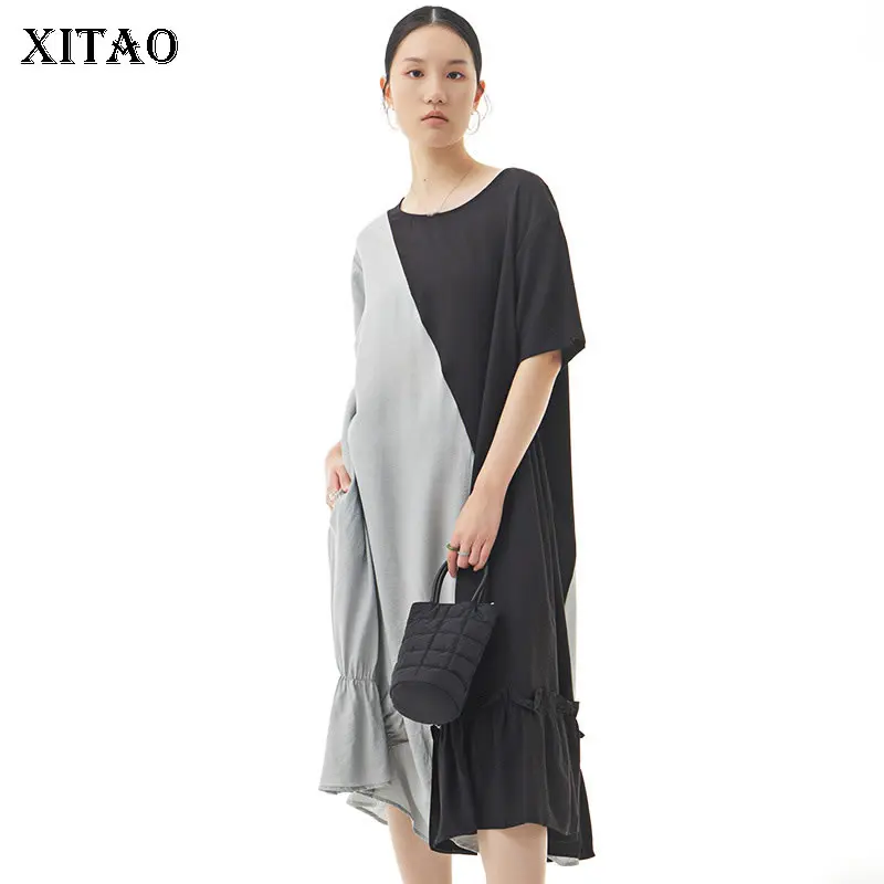

Женское асимметричное платье XITAO, Повседневное платье с круглым вырезом, контрастный цвет, в стиле пэчворк, GWJ3271