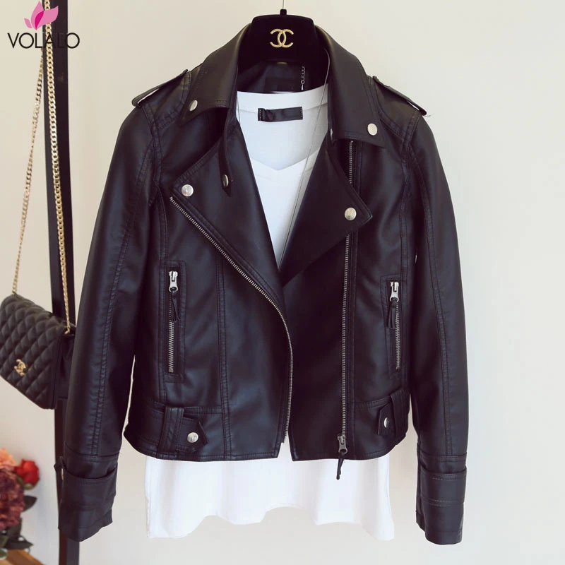 

VOLALO Women Autumn Leather Jacket Moto Biker Motocycle Female Outwear Classical Faux Leather Coat Black Turn-down Collar