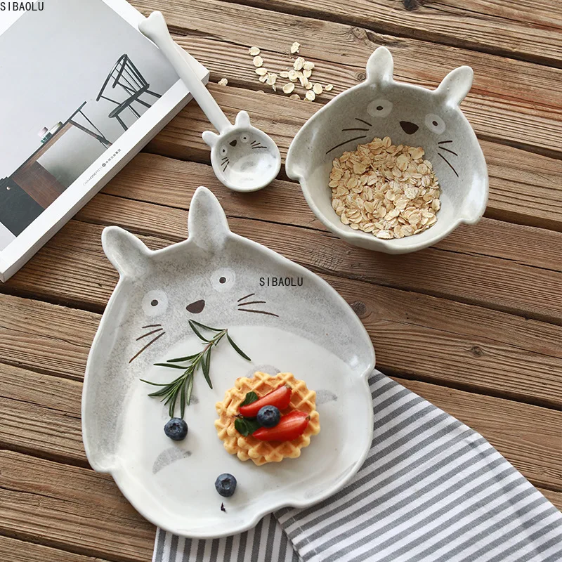 Ceramic Totoro Plate Steak Food Dish Bowl Spoon Cartoon Style Tableware Bowl Dinner Dish High Quality Porcelain Dinnerware Set