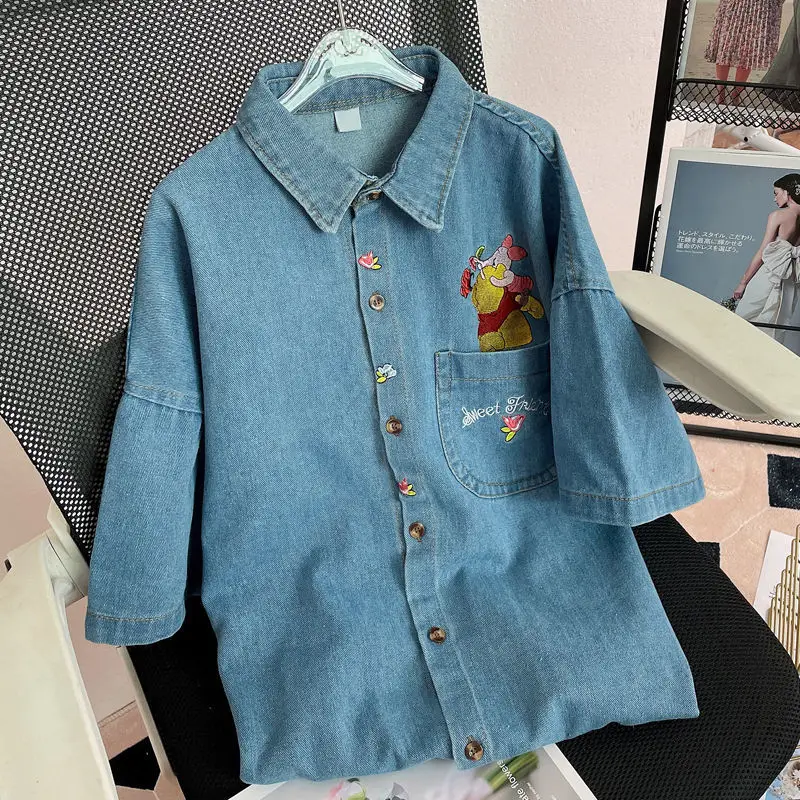 

Embroidered Cartoon Loose Denim Shirt Women Summer New Thin Loose Korean Casual Shirt Men Button Up Shirt Retro Short Sleeve Top