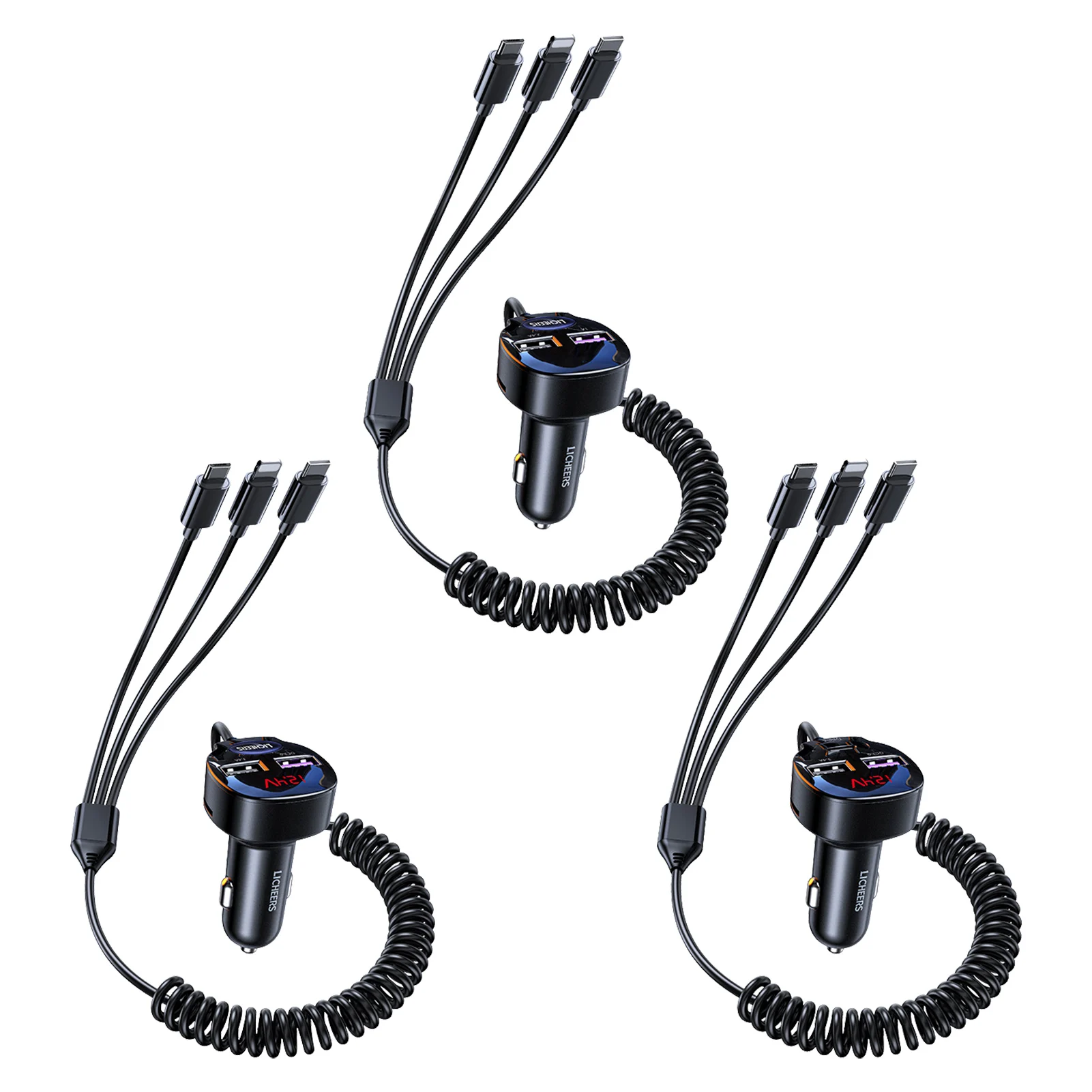 

USB C Car Charger QC3.0 Fast Charging With 3 In 1 Cables Auto Adapter Cigarettes Lighter Compatible With Most Phones