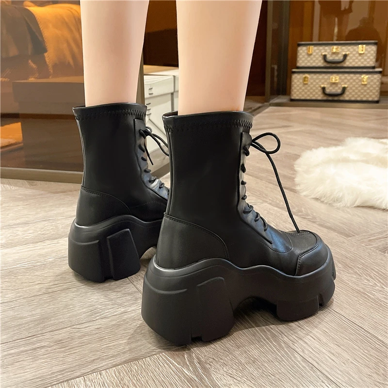 STRONGSHEN Comfortable Platform Boots for Woman Shoes Women Fashion Anklet Boots Round Toe Dad Sole Winter Female Lace Up Botas