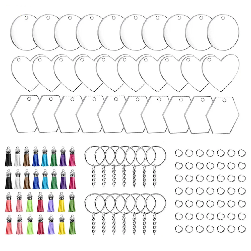 

120Pcs DIY Keychain Blanks Tassel Kit Including Clear Acrylic Blank Key Rings with Chain Keychain Tassels Jump Rings