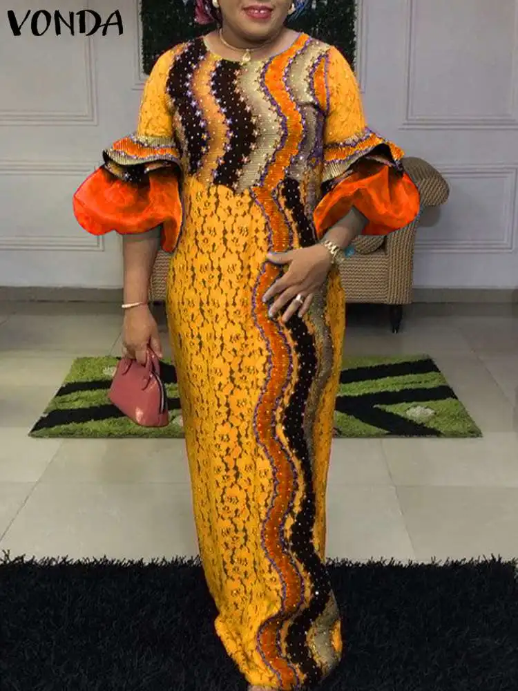 Богемное женское платье VONDA с принтом осень 2024 3/4 женский длинный сарафан